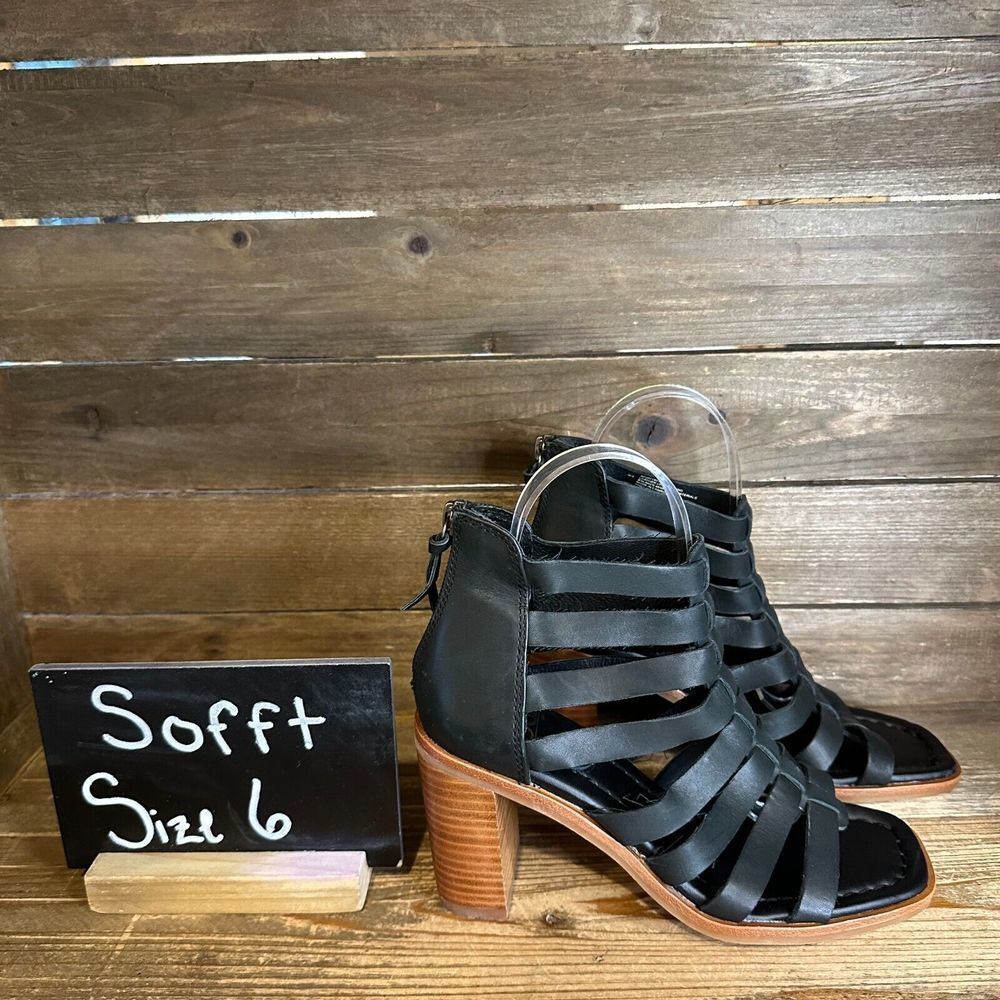 New Womens Sofft Stratford Black Leather Gladiator Block Heels Sandals Size 6 M